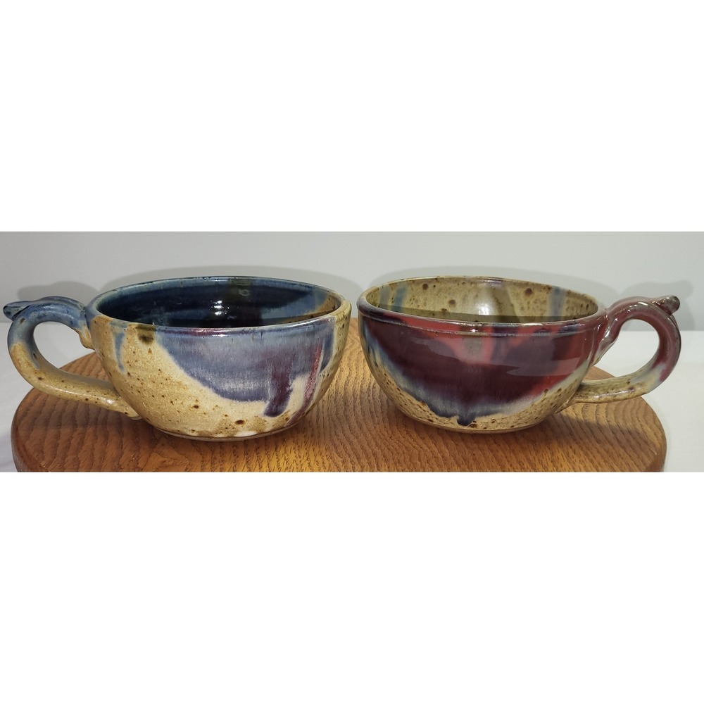 Ayers Studio Pottery Mugs Set of 2 Drip Glaze Stoneware Soup Cups 2014 Signed